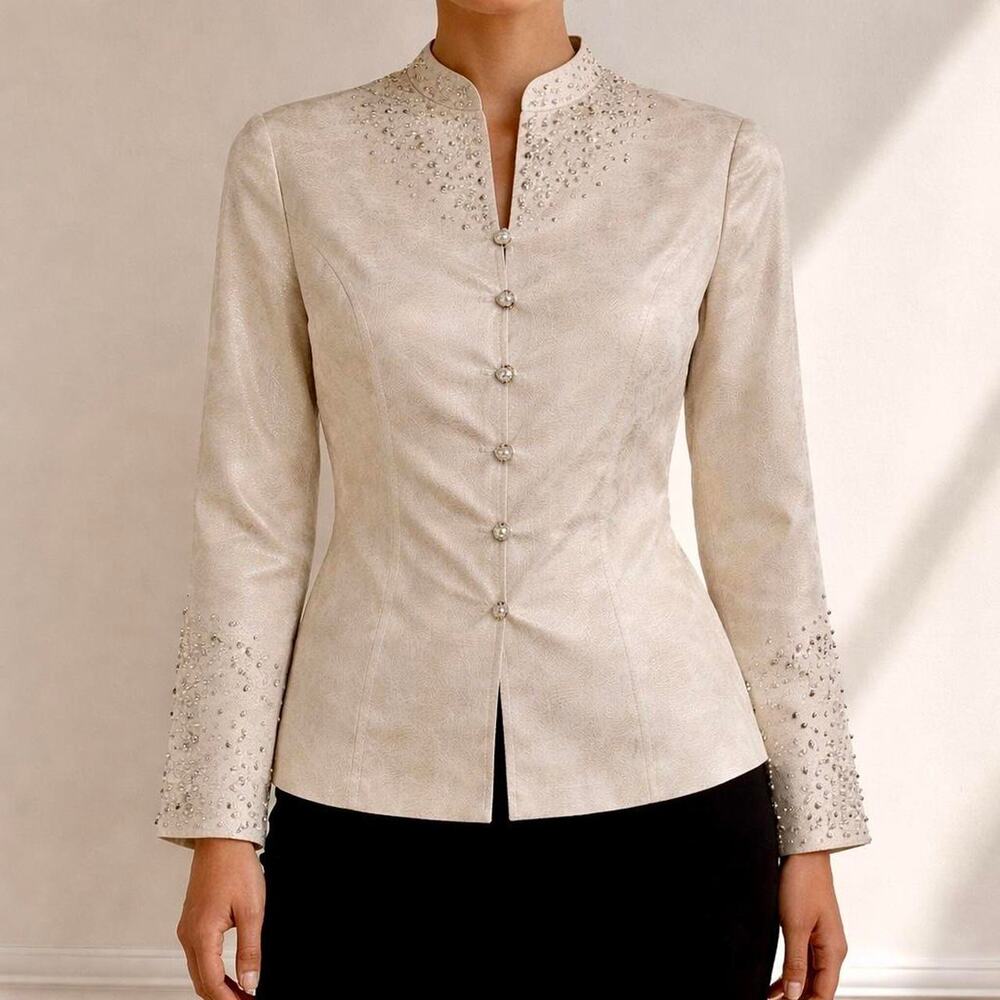 VTG Adrianna Papell 100% Silk Cream Pearl Embellished Button Blouse Size 10 M